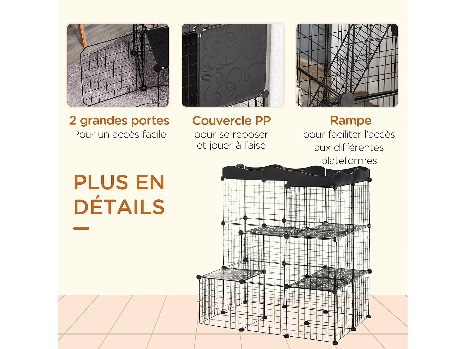 Cage parc enclos chat modulable dim. L105 x l70 x H105 cm 3 niveaux 2 portes rampe plateformes PE motif graphique fil métallique noir