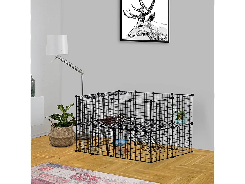 Cage parc enclos pour animaux domestiques L 146 x l 73 x H 73 cm modulable 2 niveaux 36 panneaux bords arrondis fil métallique noir