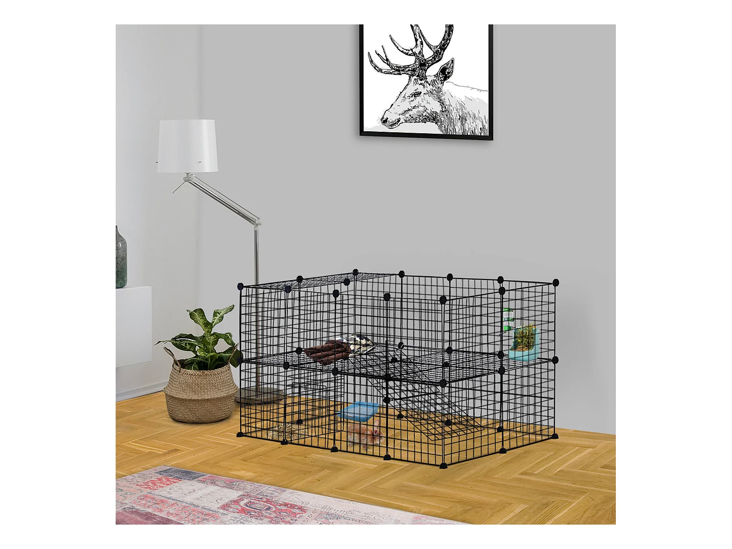Cage parc enclos pour animaux domestiques L 146 x l 73 x H 73 cm modulable 2 niveaux 36 panneaux bords arrondis fil métallique noir