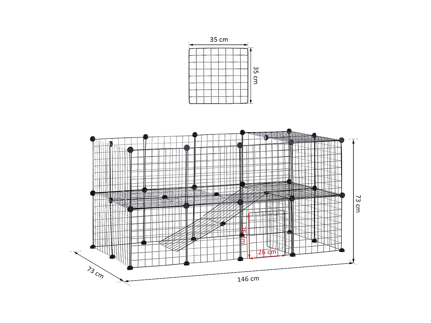 Cage parc enclos pour animaux domestiques L 146 x l 73 x H 73 cm modulable 2 niveaux 36 panneaux bords arrondis fil métallique noir