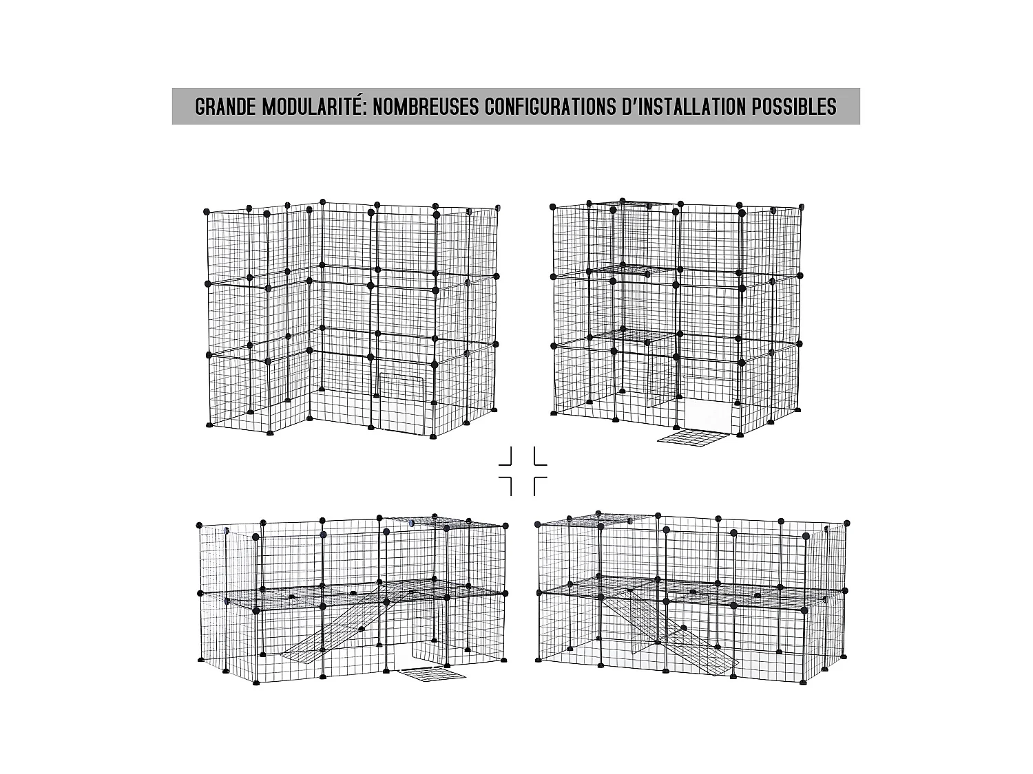 Cage parc enclos pour animaux domestiques L 146 x l 73 x H 73 cm modulable 2 niveaux 36 panneaux bords arrondis fil métallique noir