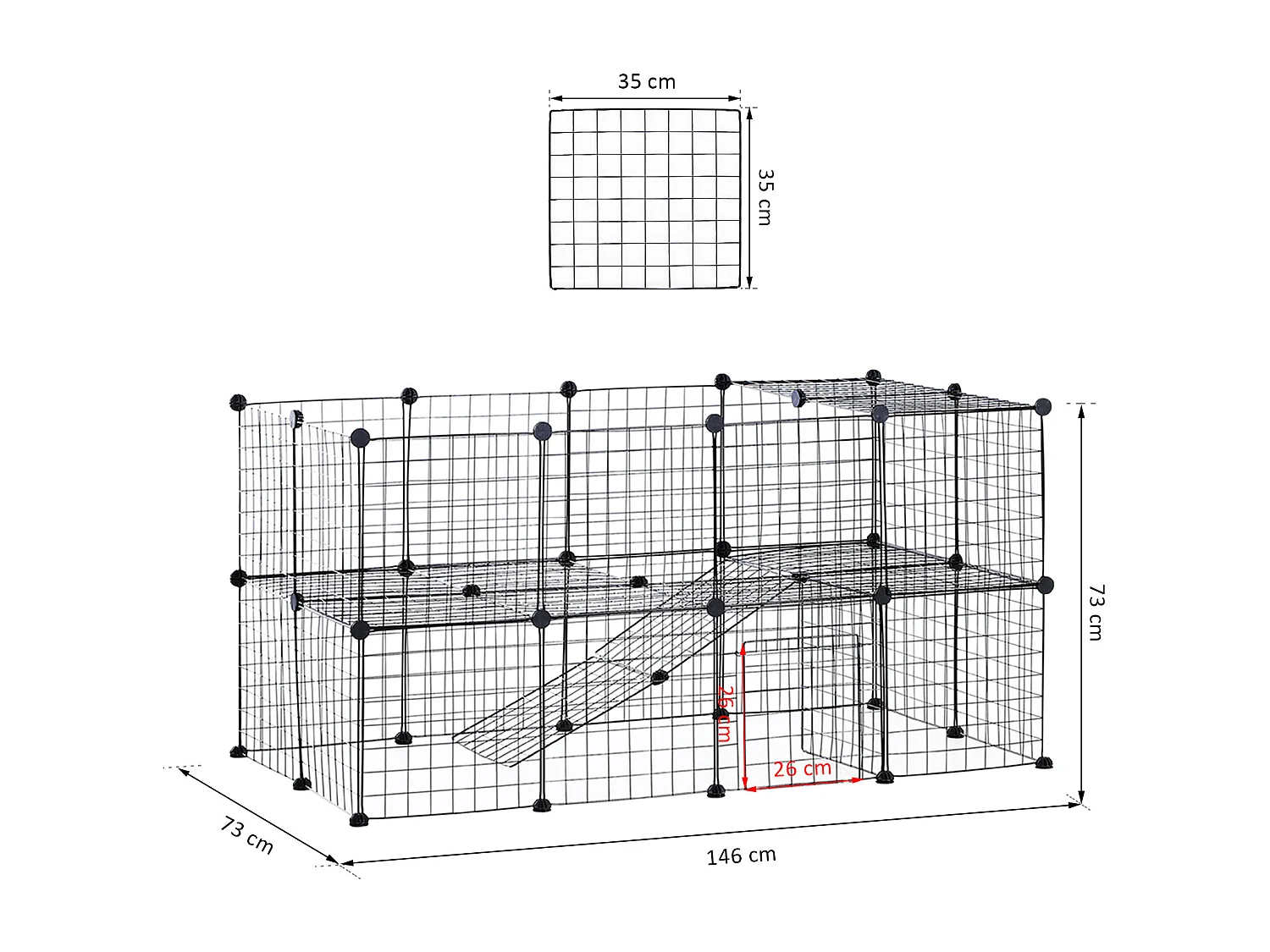 Cage parc enclos pour animaux domestiques L 146 x l 73 x H 73 cm modulable 2 niveaux 36 panneaux bords arrondis fil métallique noir