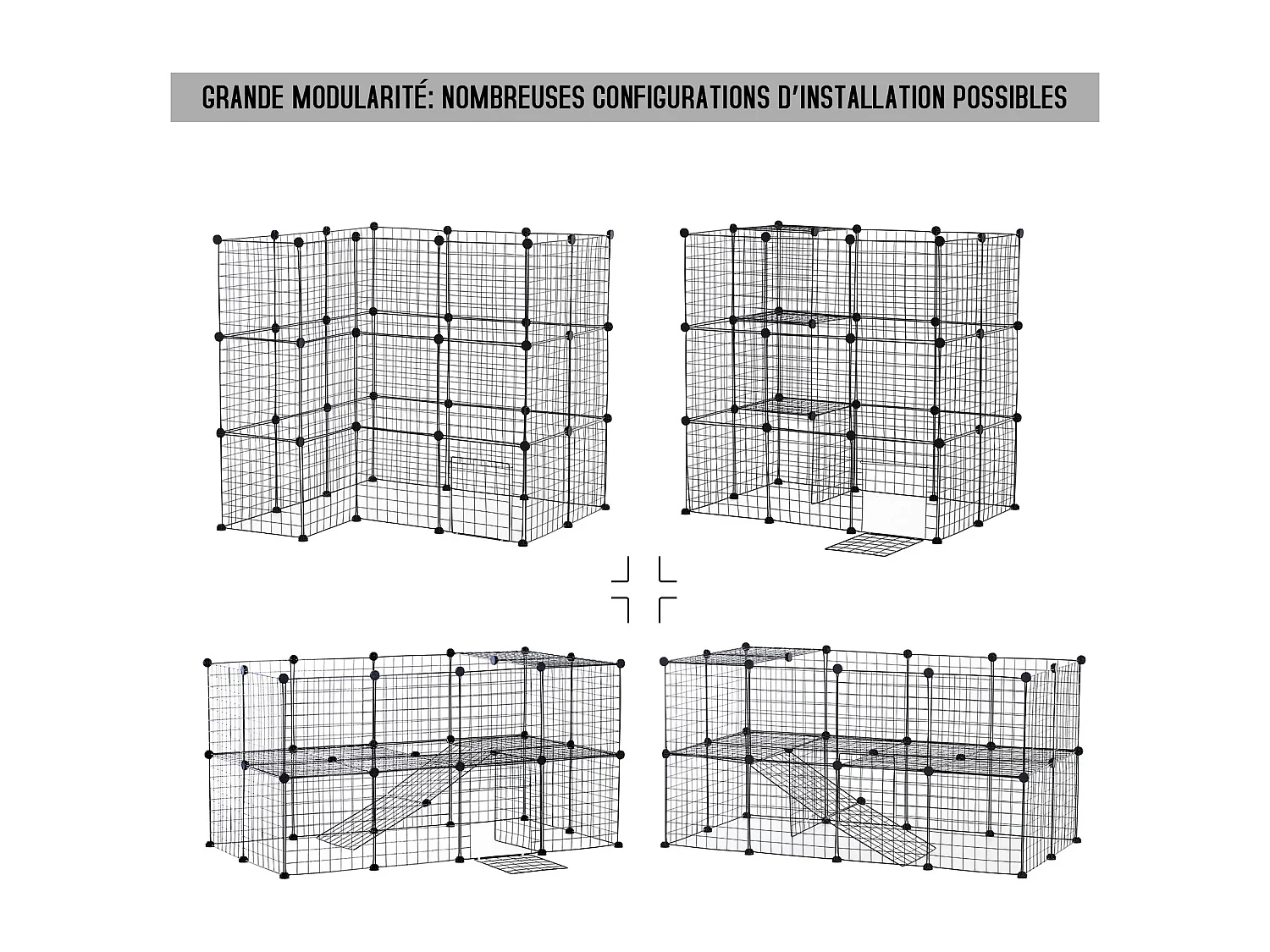 Cage parc enclos pour animaux domestiques L 146 x l 73 x H 73 cm modulable 2 niveaux 36 panneaux bords arrondis fil métallique noir