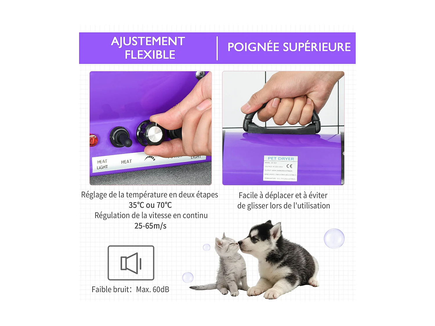 Séchoir sèche-poils toilettage professionnel pour chien chat animaux 2800 W température + vitesse réglable rose fuchsia noir