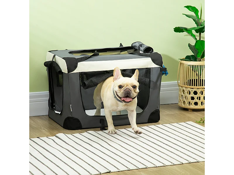Sac de transport pour chien et chat pliable - poignée, 3 entrées zippées, poche - coussin amovible inclus - acier oxford polyester gris noir