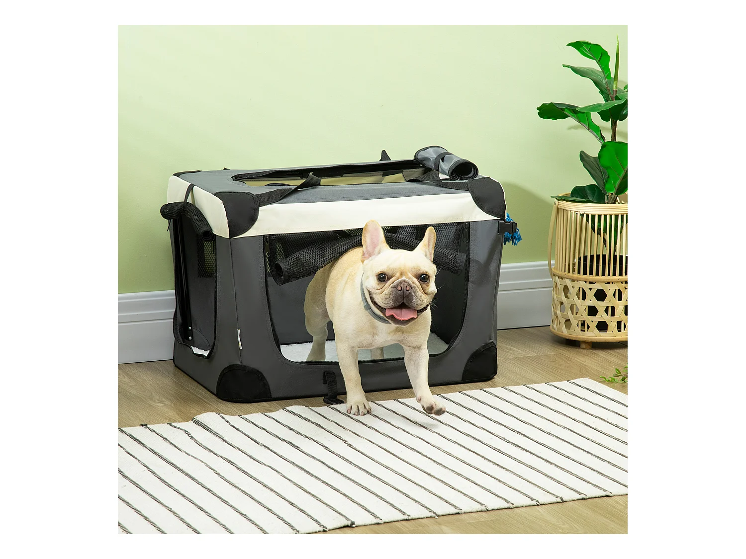 Sac de transport pour chien et chat pliable - poignée, 3 entrées zippées, poche - coussin amovible inclus - acier oxford polyester gris noir