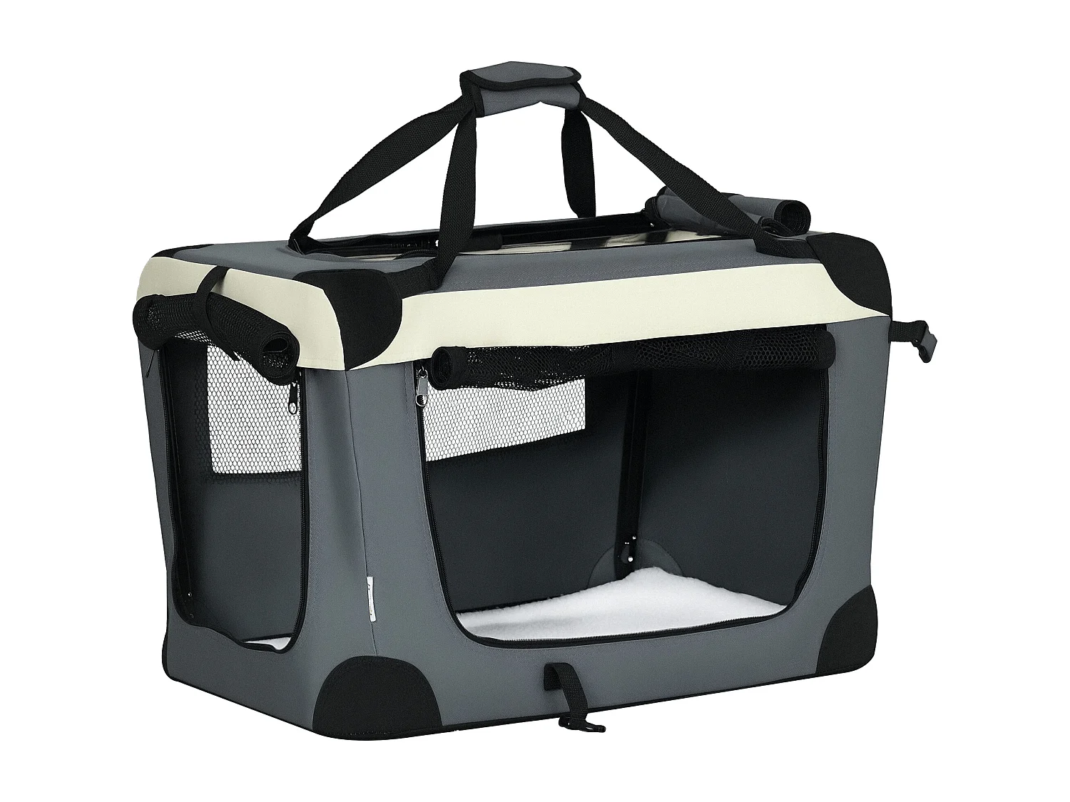 Sac de transport pour chien et chat pliable - poignée, 3 entrées zippées, poche - coussin amovible inclus - acier oxford polyester gris noir