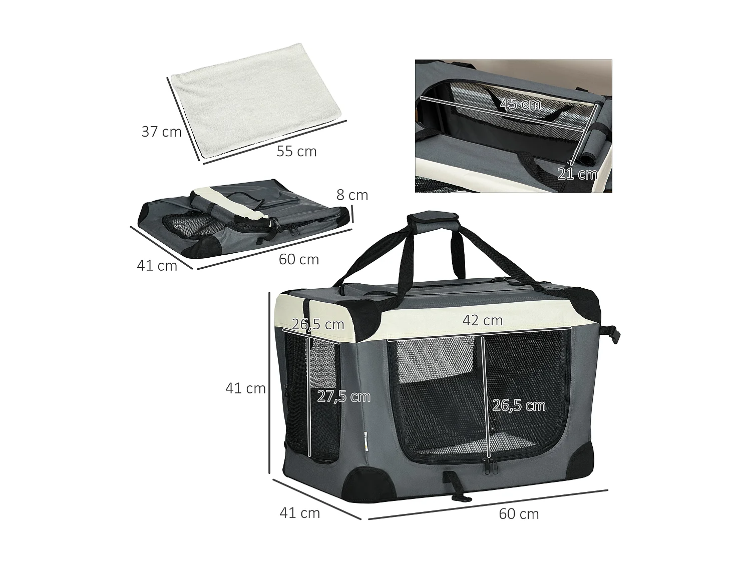 Sac de transport pour chien et chat pliable - poignée, 3 entrées zippées, poche - coussin amovible inclus - acier oxford polyester gris noir