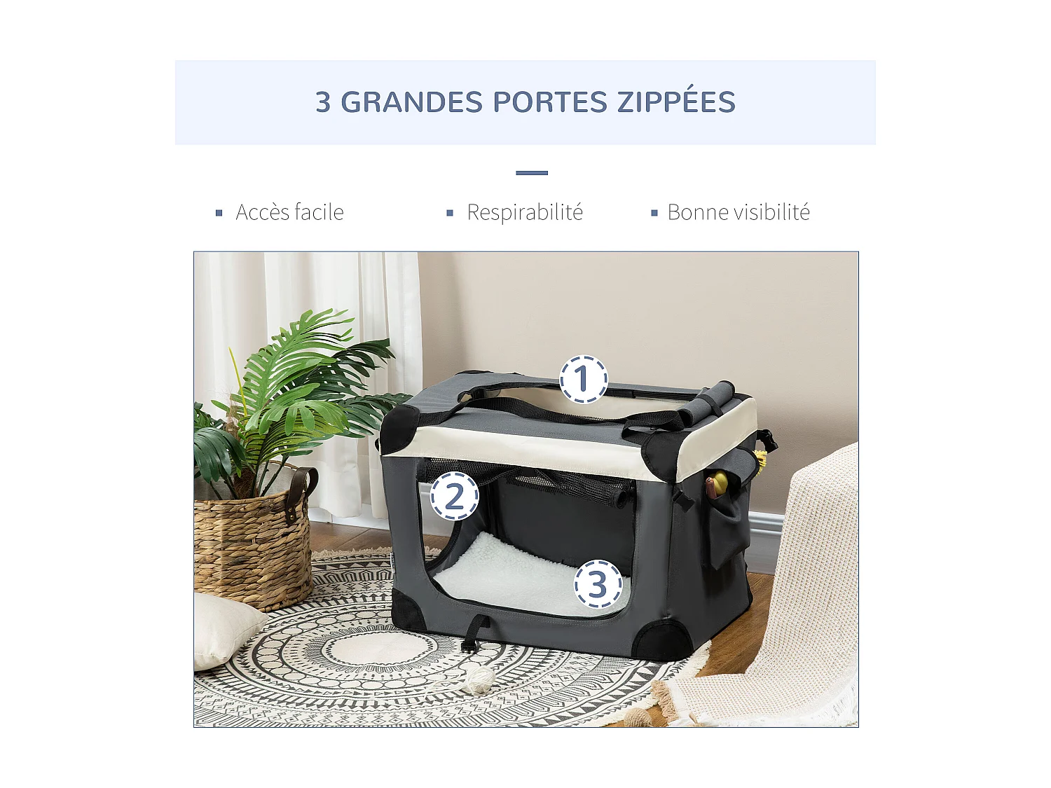 Sac de transport pour chien et chat pliable - poignée, 3 entrées zippées, poche - coussin amovible inclus - acier oxford polyester gris noir