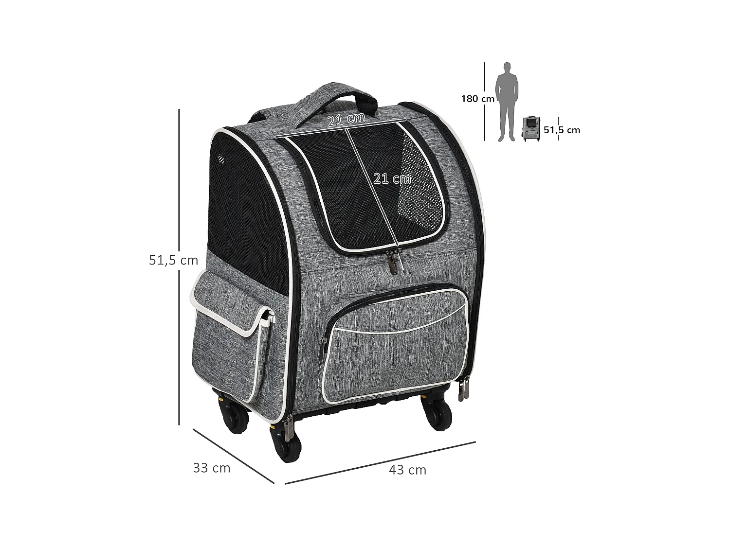 2 en 1 trolley chariot sac à dos sac de transport à roulettes pour chien chat gris