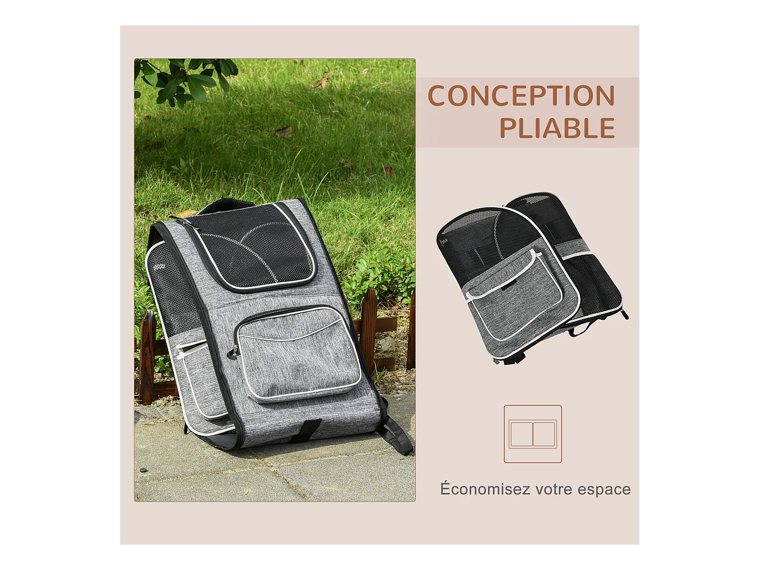 2 en 1 trolley chariot sac à dos sac de transport à roulettes pour chien chat gris