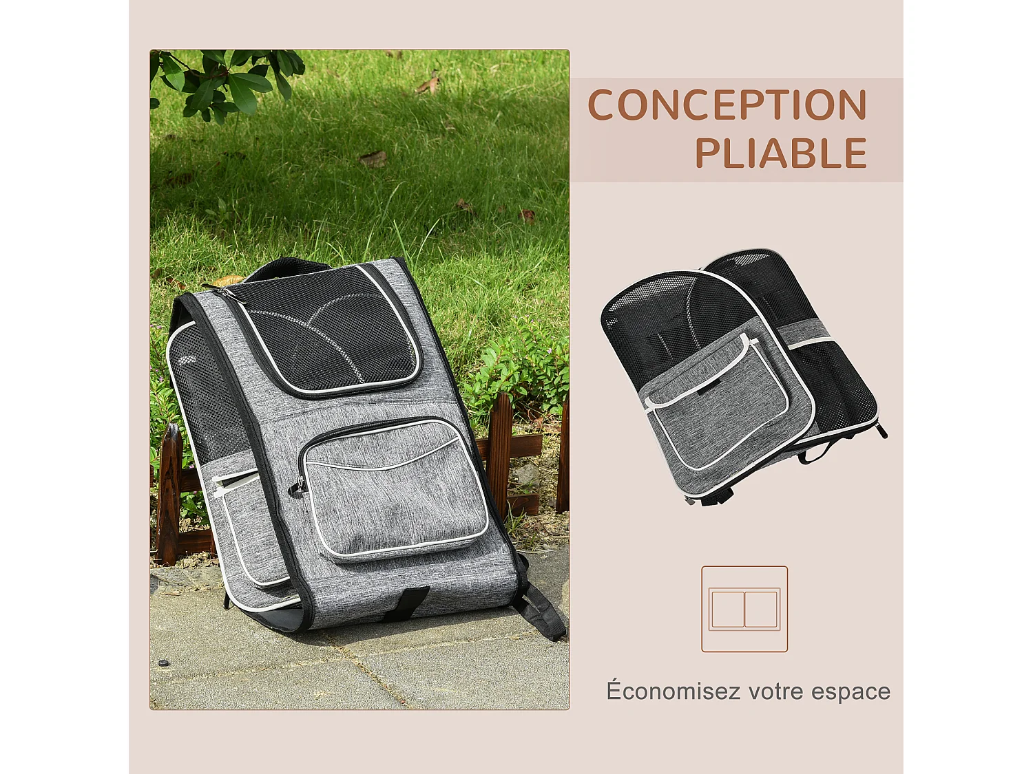 2 en 1 trolley chariot sac à dos sac de transport à roulettes pour chien chat gris