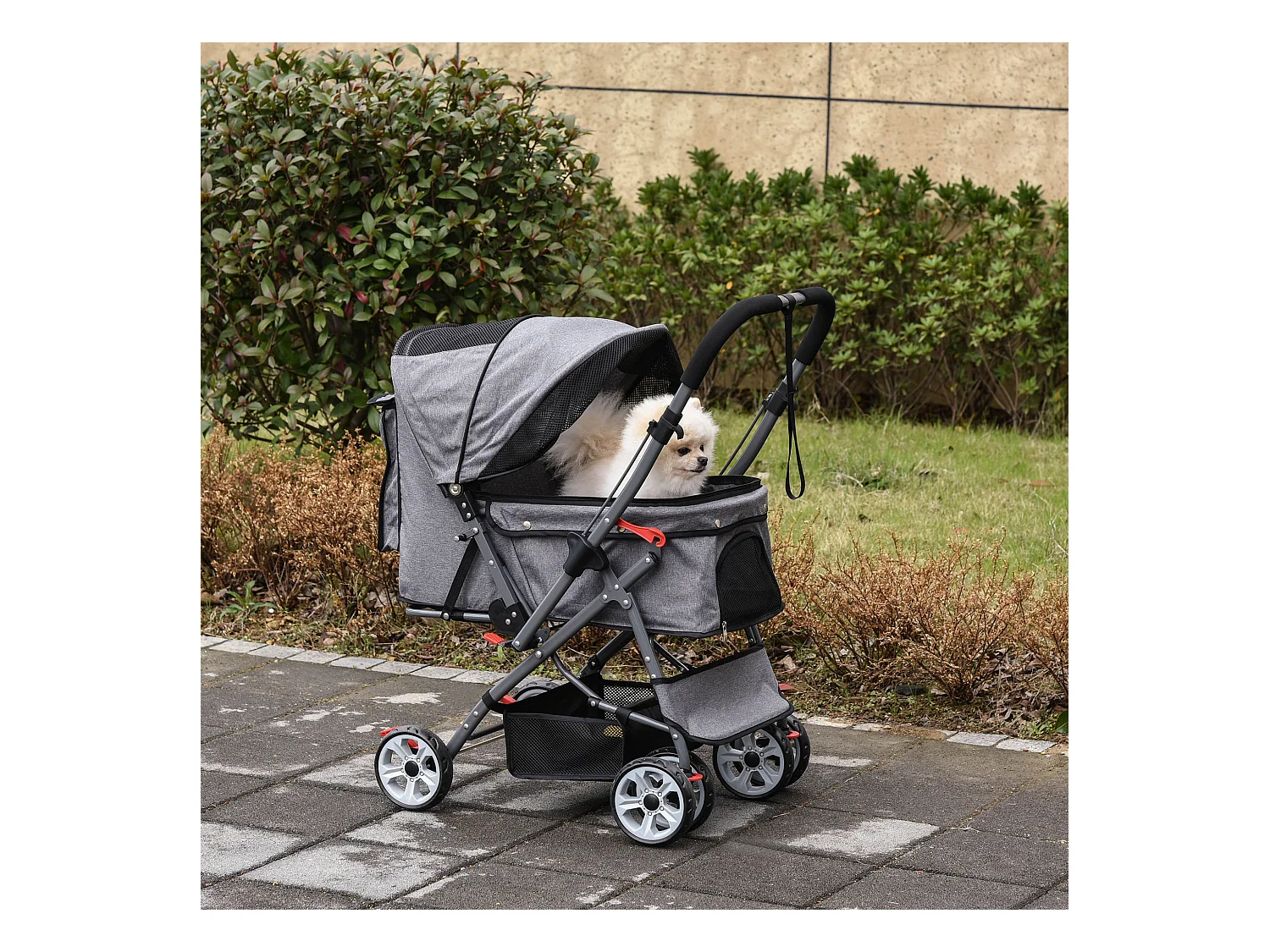 Poussette buggy pliable chien chat panier et sac de rangement attaches sécurité housse réglable poignée réversible acier Oxford gris chiné noir