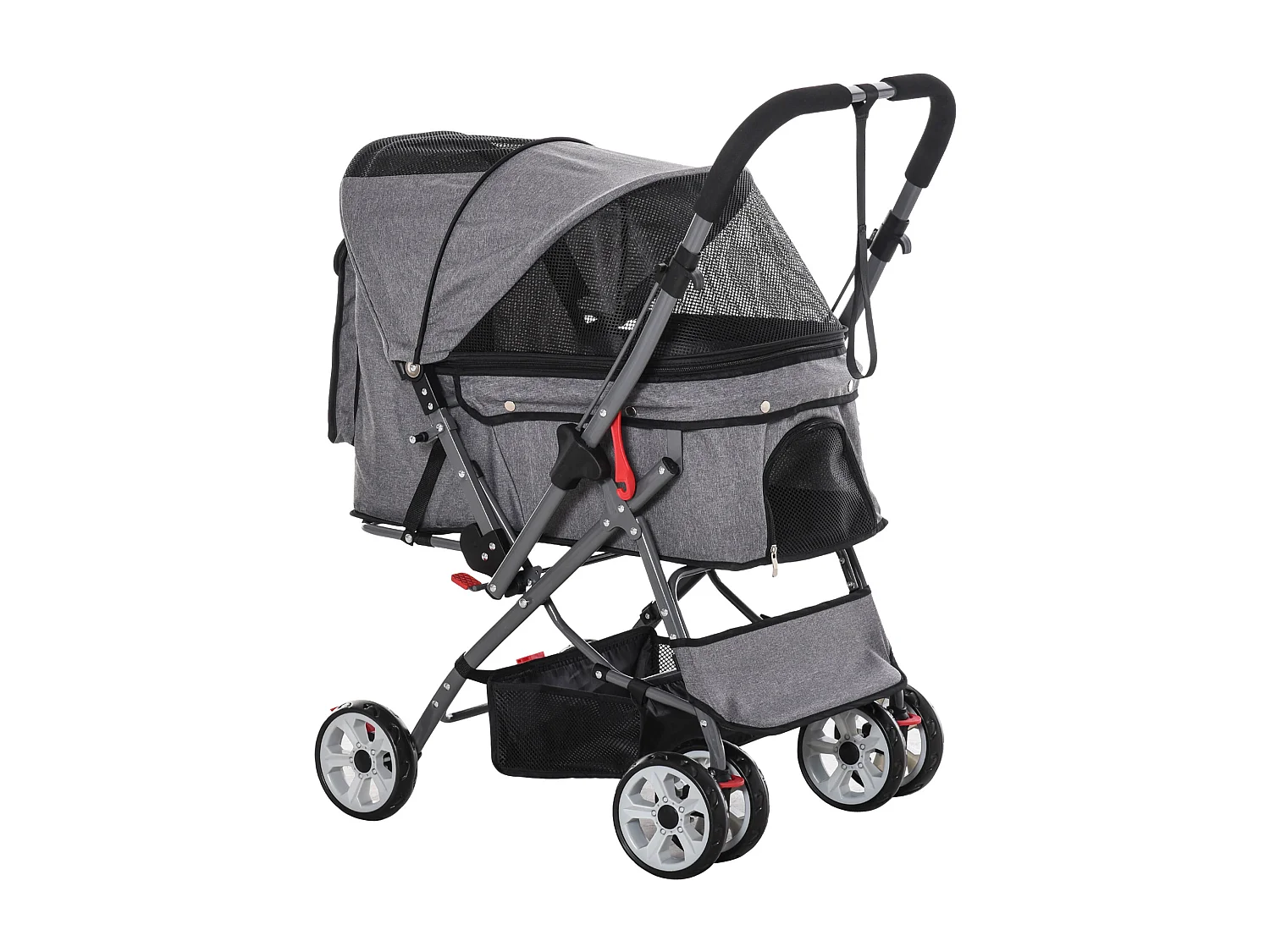 Poussette buggy pliable chien chat panier et sac de rangement attaches sécurité housse réglable poignée réversible acier Oxford gris chiné noir