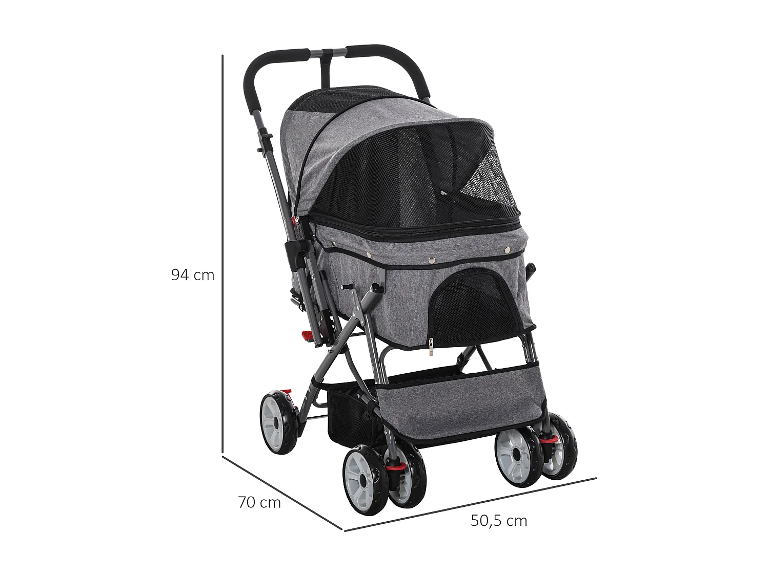 Poussette buggy pliable chien chat panier et sac de rangement attaches sécurité housse réglable poignée réversible acier Oxford gris chiné noir