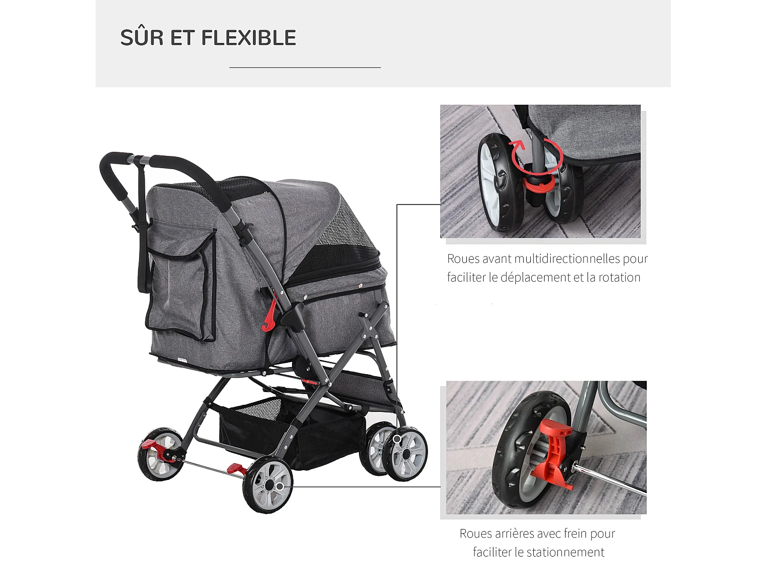 Poussette buggy pliable chien chat panier et sac de rangement attaches sécurité housse réglable poignée réversible acier Oxford gris chiné noir