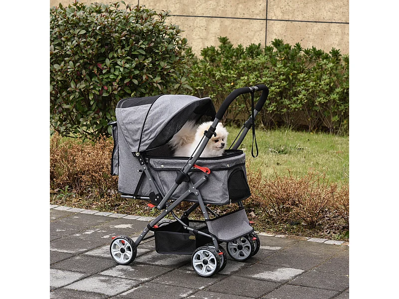 Poussette buggy pliable chien chat panier et sac de rangement attaches sécurité housse réglable poignée réversible acier Oxford gris chiné noir