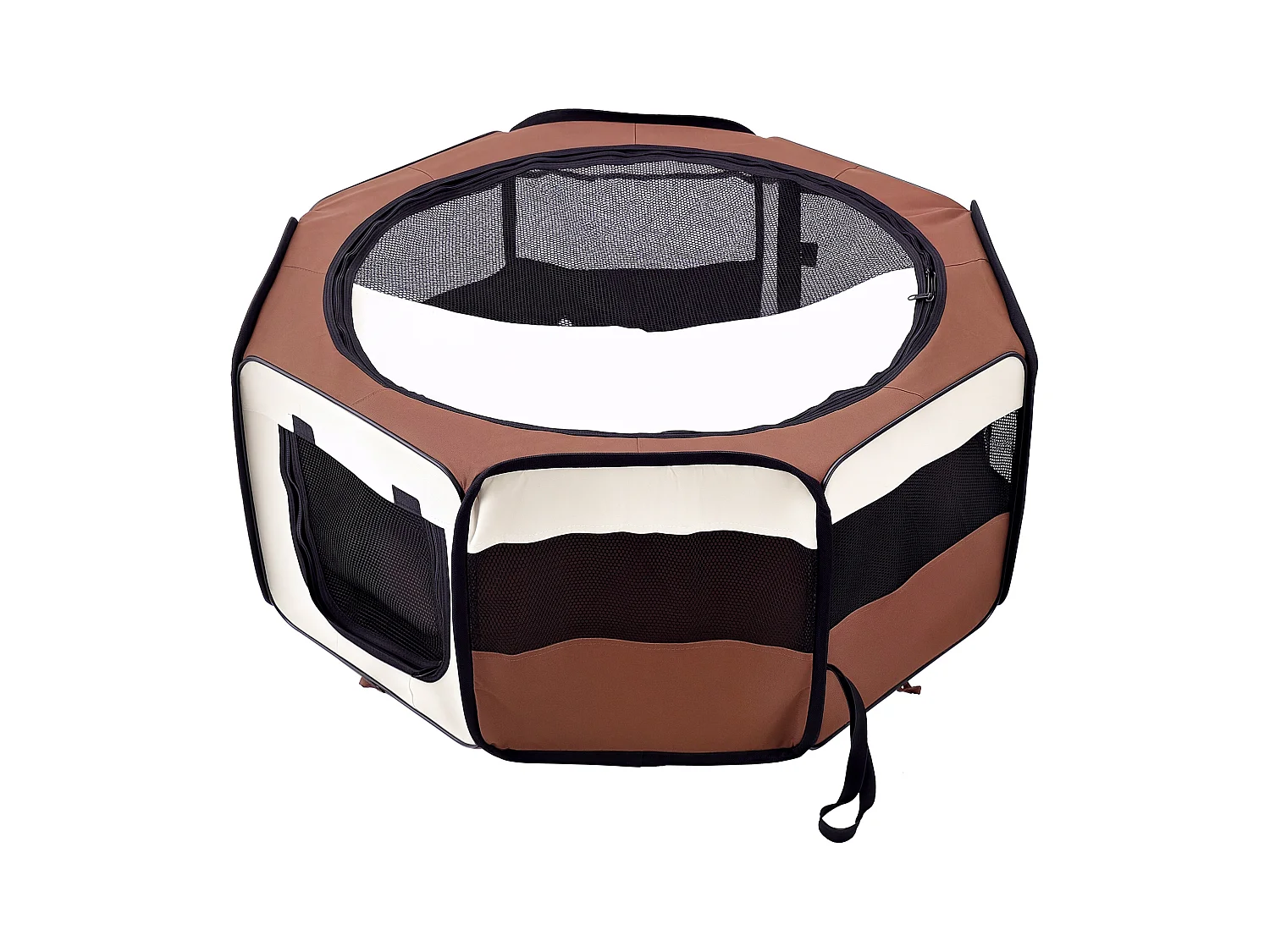 Parc enclos pliable chien chat Ø 90 x 41H cm - 2 portes, 2 poches, sac transport - acier Oxford marron beige