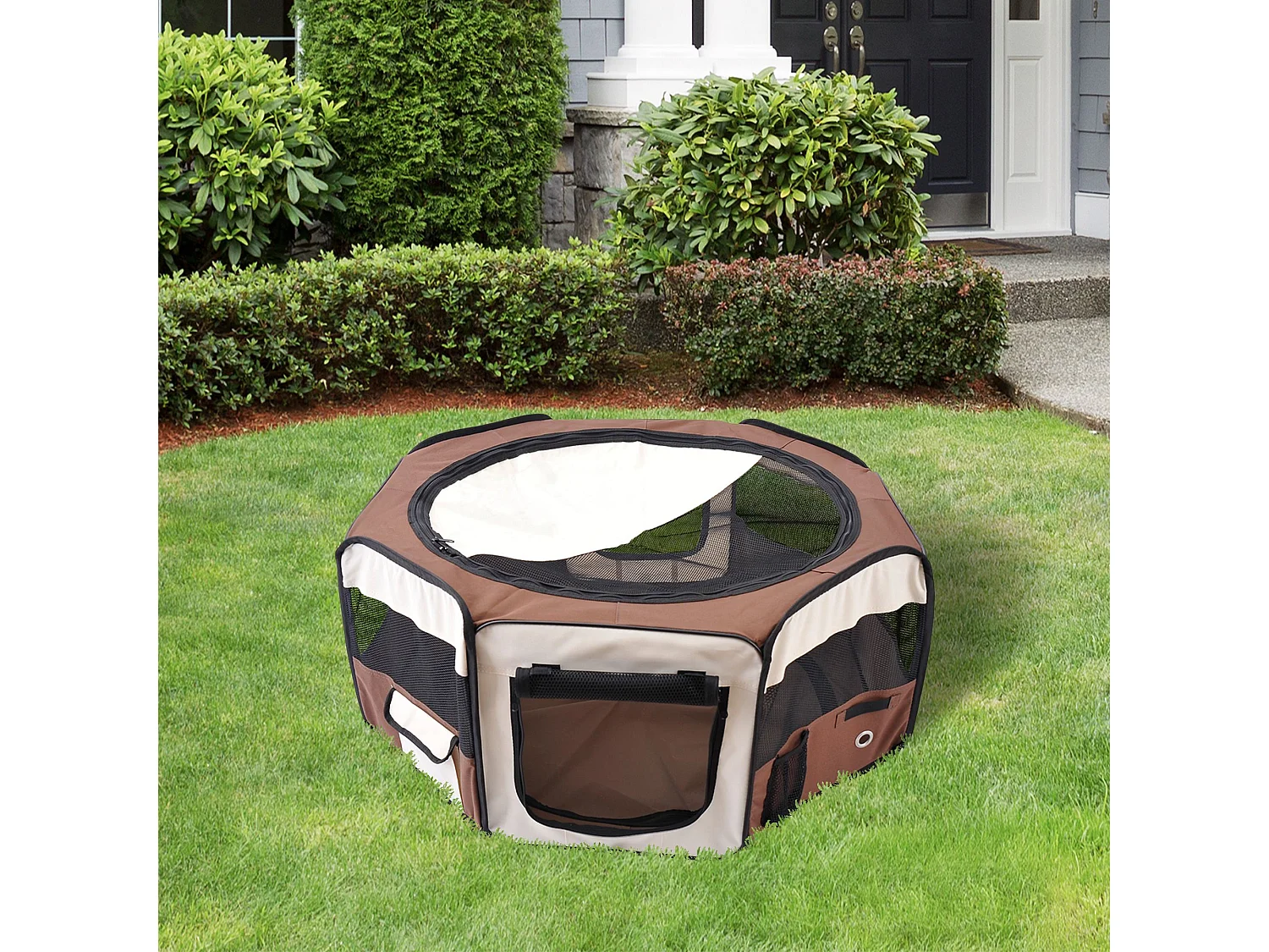 Parc enclos pliable chien chat Ø 90 x 41H cm - 2 portes, 2 poches, sac transport - acier Oxford marron beige