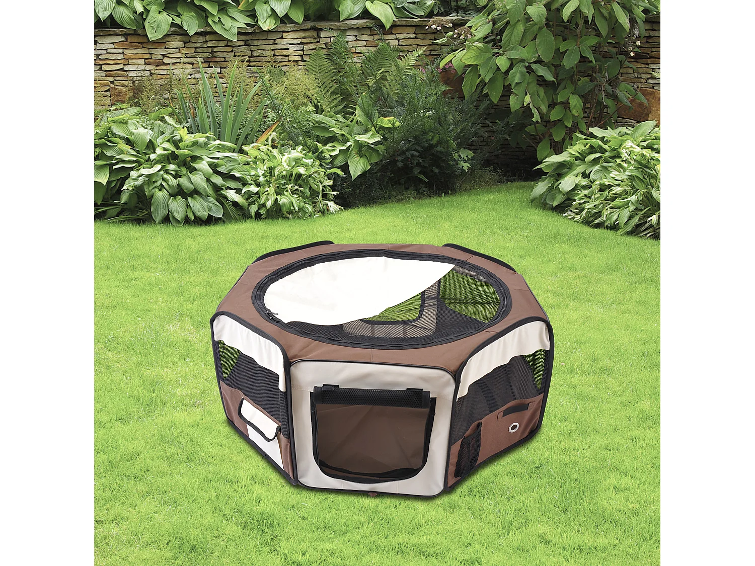 Parc enclos pliable chien chat Ø 90 x 41H cm - 2 portes, 2 poches, sac transport - acier Oxford marron beige