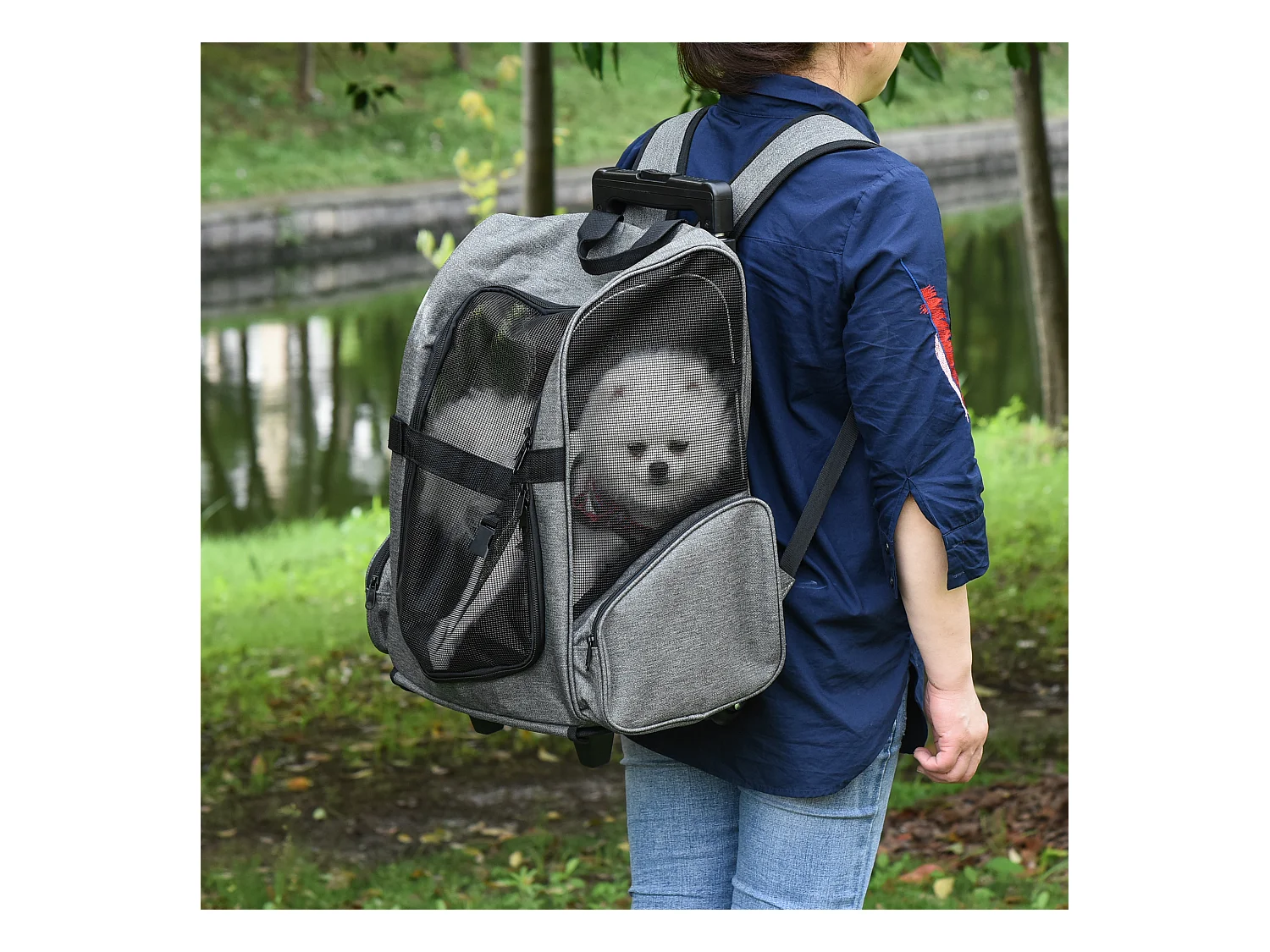 2 en 1 trolley chariot sac à dos sac de transport à roulettes pour chien chat gris