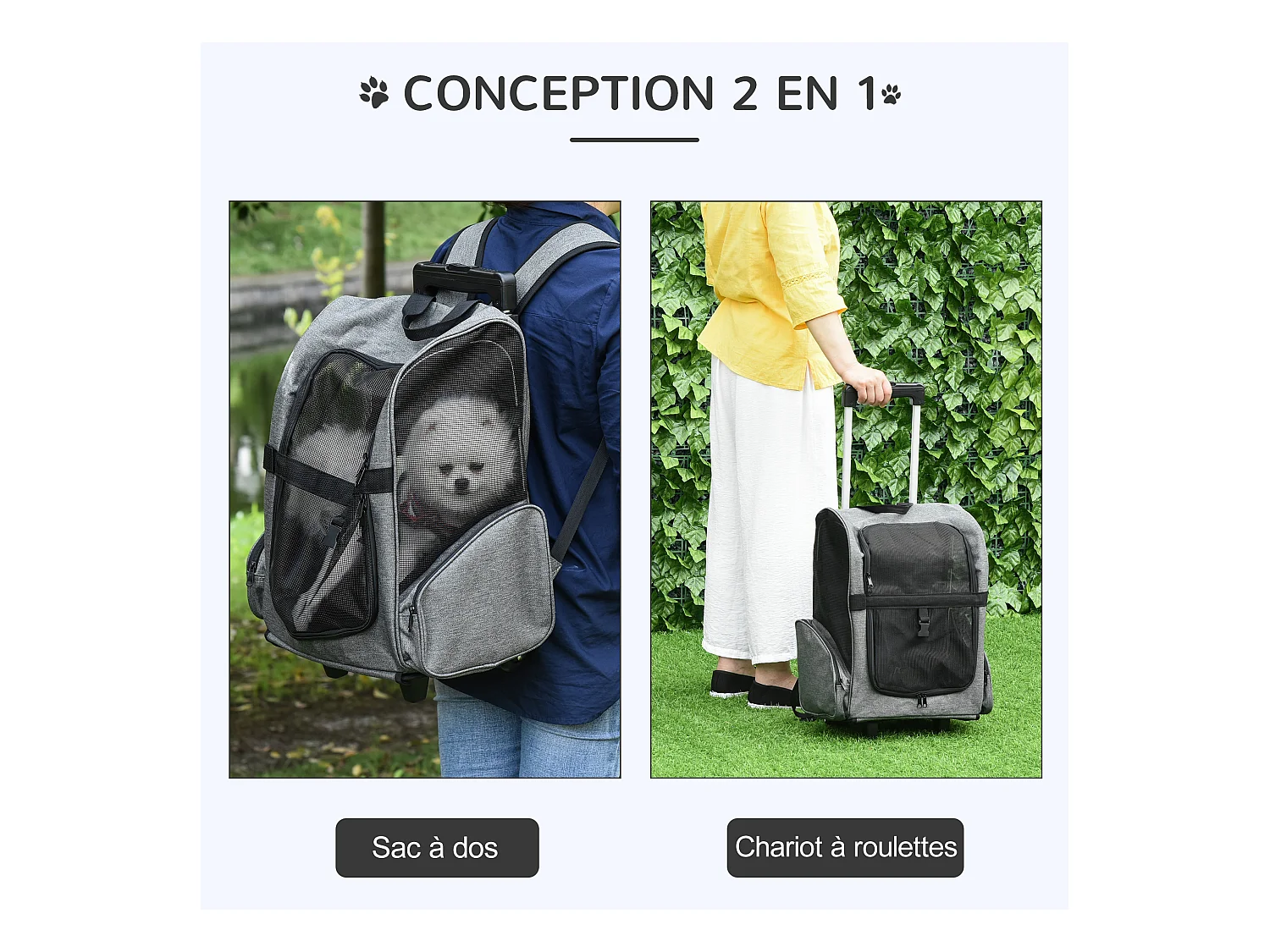 2 en 1 trolley chariot sac à dos sac de transport à roulettes pour chien chat gris