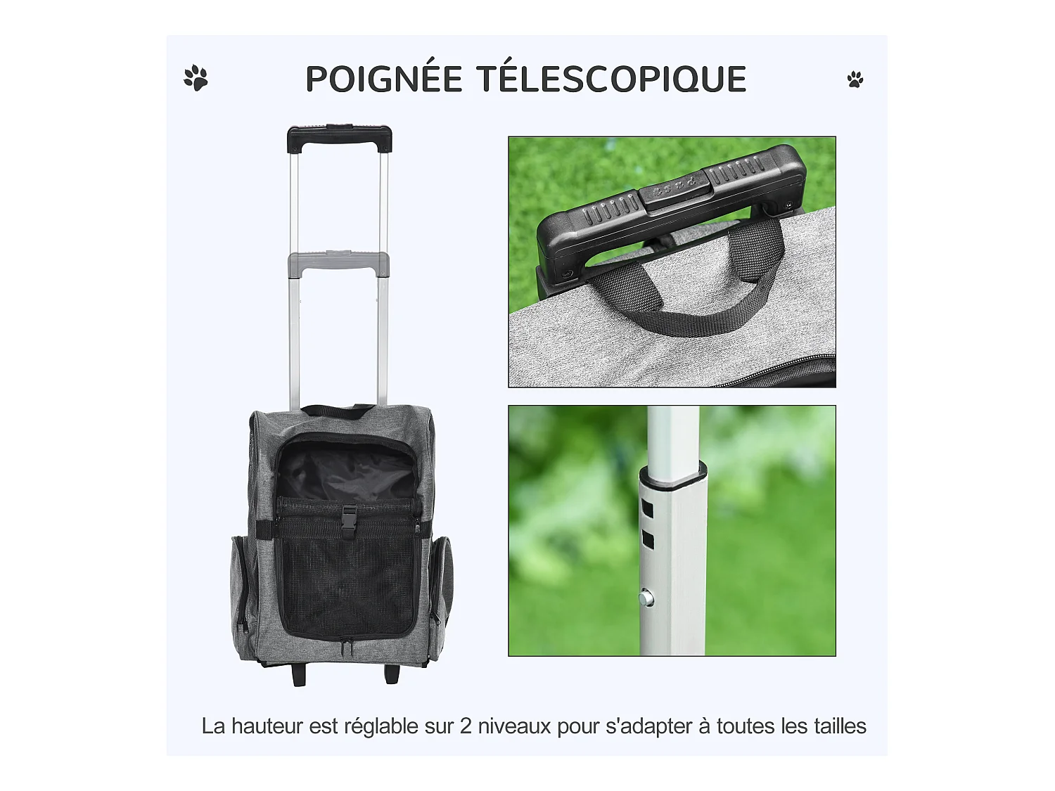 2 en 1 trolley chariot sac à dos sac de transport à roulettes pour chien chat gris
