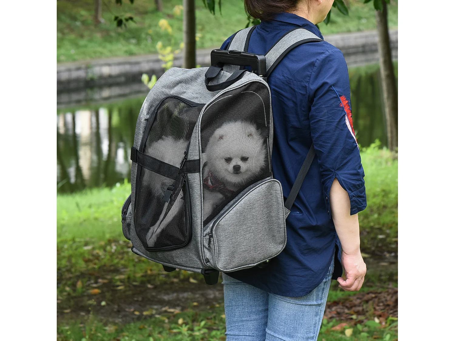 2 en 1 trolley chariot sac à dos sac de transport à roulettes pour chien chat gris