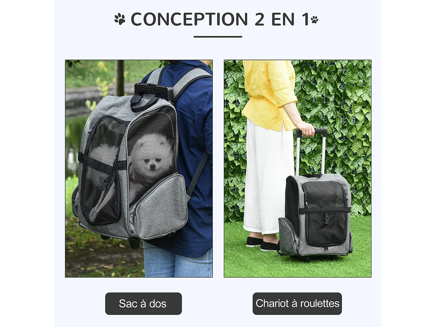 2 en 1 trolley chariot sac à dos sac de transport à roulettes pour chien chat gris