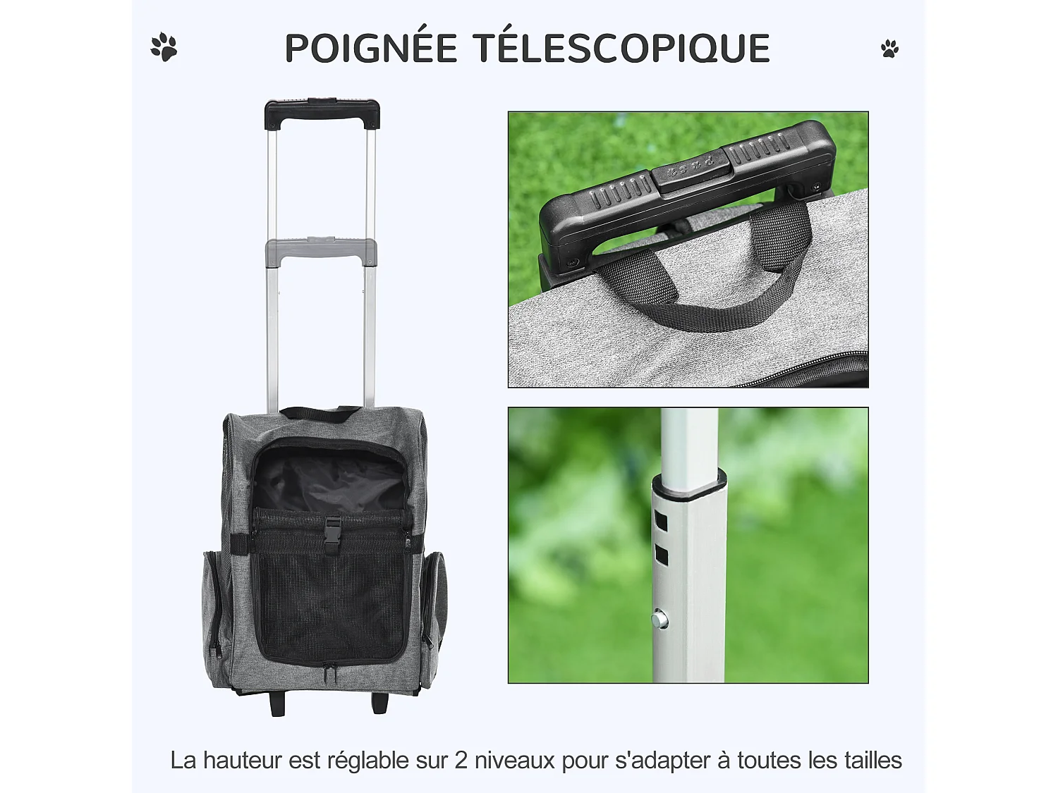 2 en 1 trolley chariot sac à dos sac de transport à roulettes pour chien chat gris
