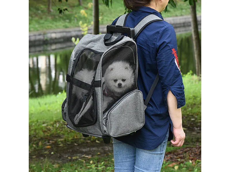 2 en 1 trolley chariot sac à dos sac de transport à roulettes pour chien chat gris