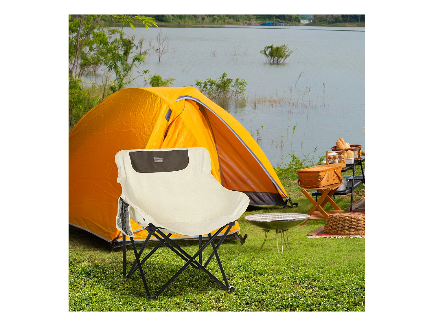 Chaise de camping pliable avec sac de transport et pochette de rangement acier oxford beige