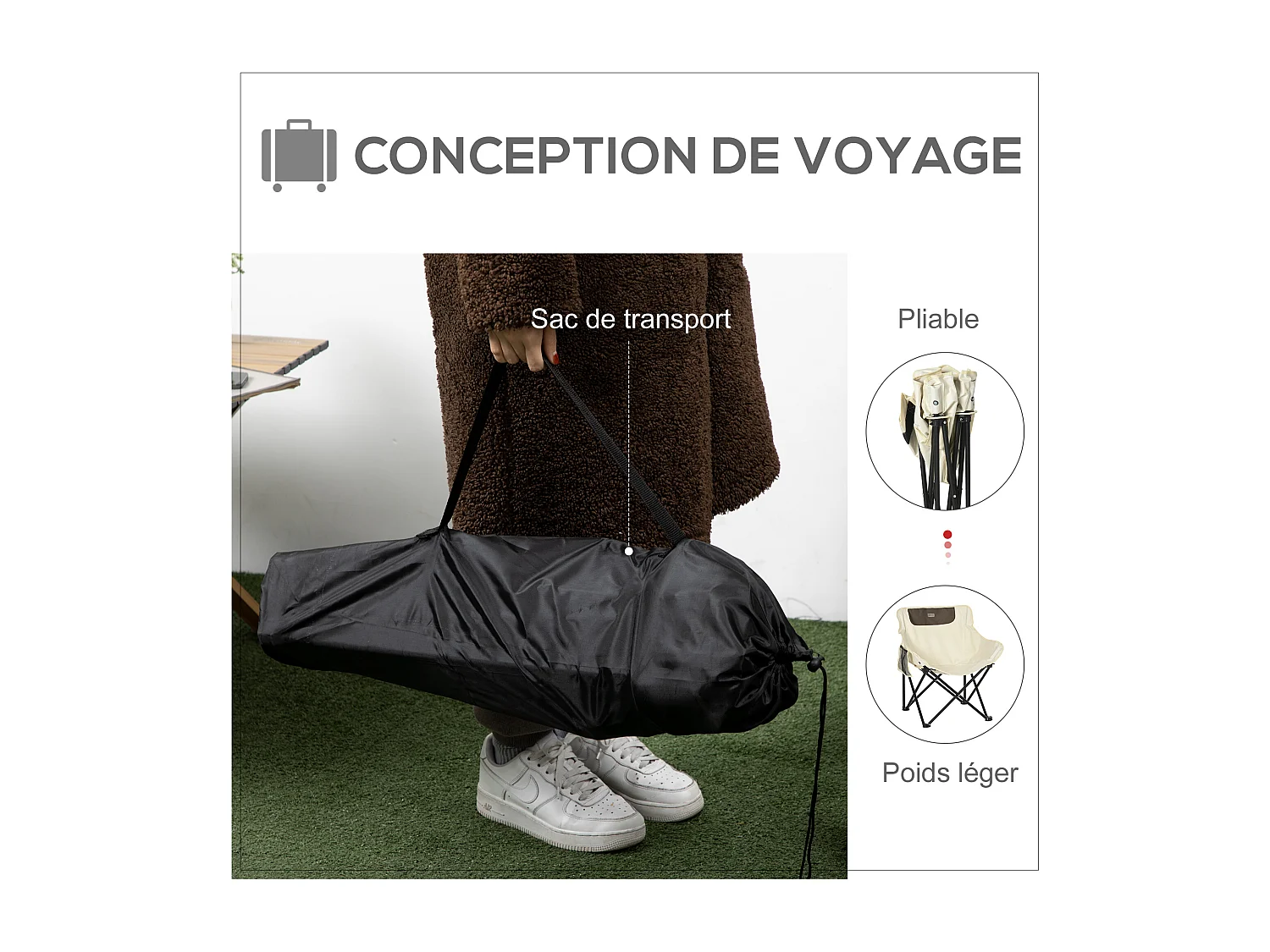 Chaise de camping pliable avec sac de transport et pochette de rangement acier oxford beige