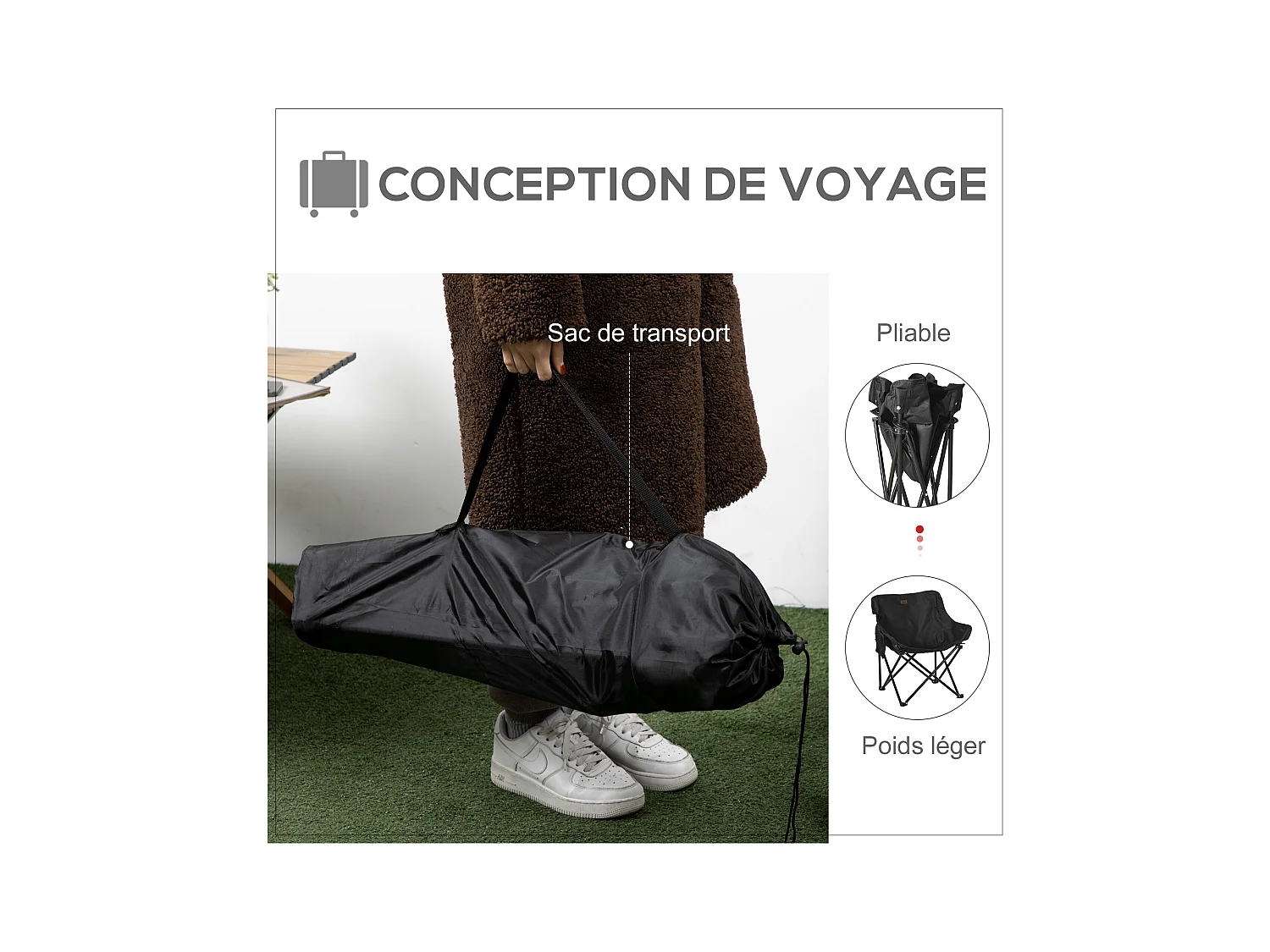 Chaise de camping pliable avec sac de transport et pochette de rangement acier oxford noir