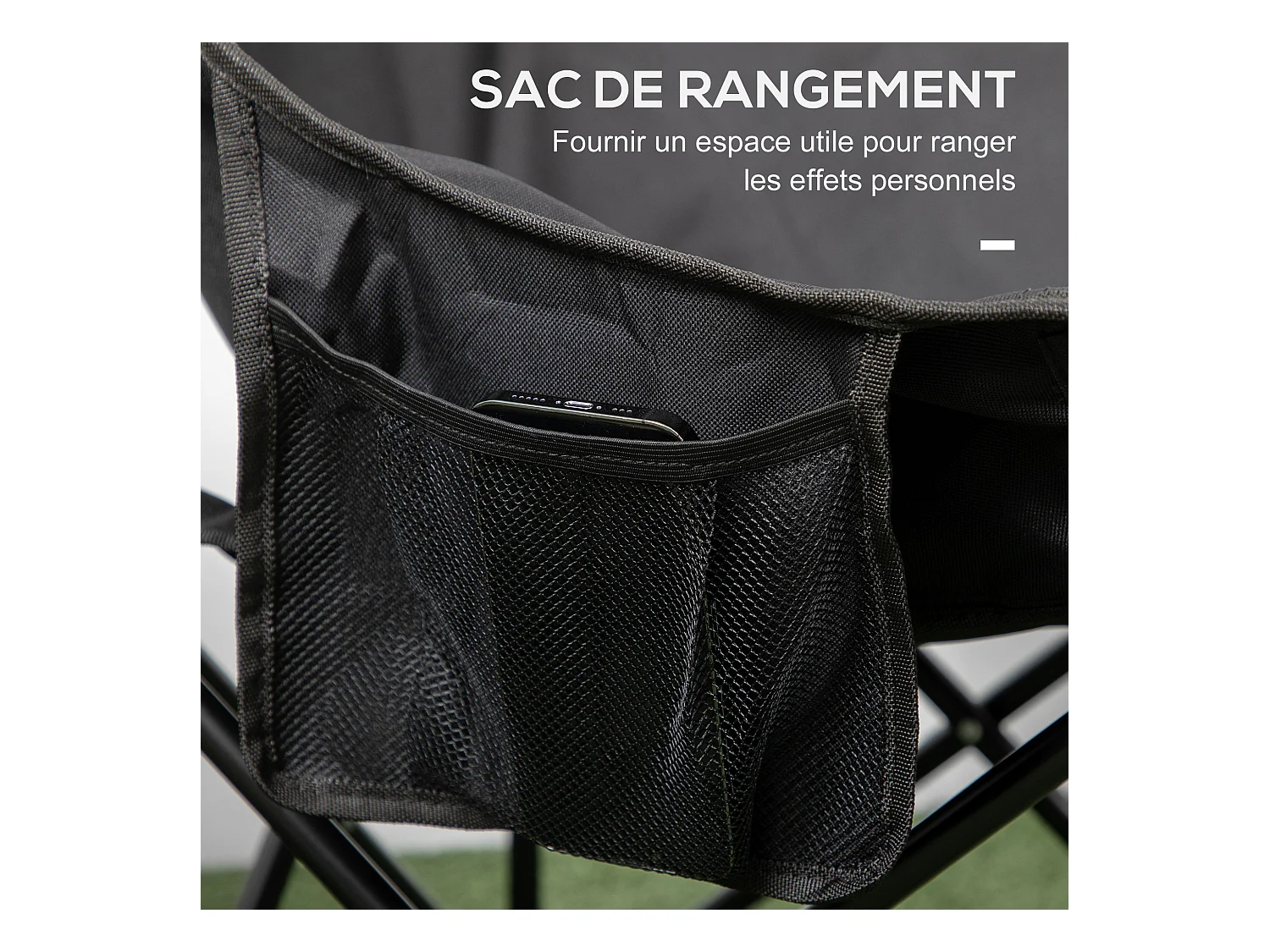 Chaise de camping pliable avec sac de transport et pochette de rangement acier oxford noir