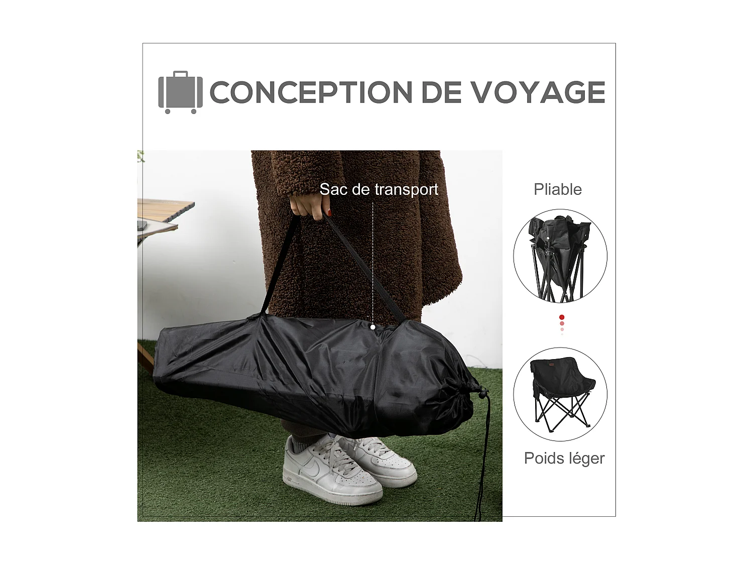 Chaise de camping pliable avec sac de transport et pochette de rangement acier oxford noir