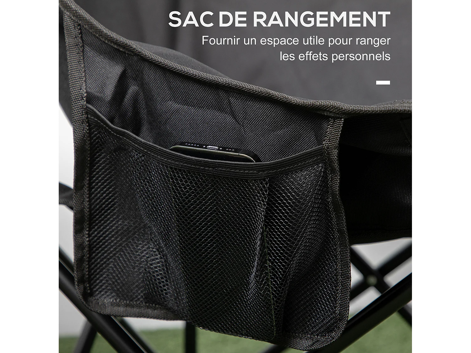 Chaise de camping pliable avec sac de transport et pochette de rangement acier oxford noir