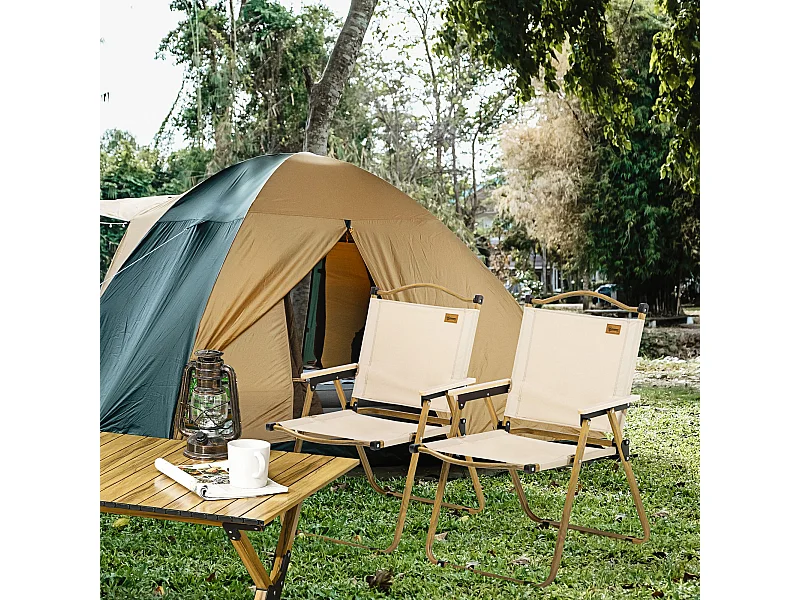Lot de 2 chaises de plage camping pliantes - poignée - structure acier aspect bois oxford beige