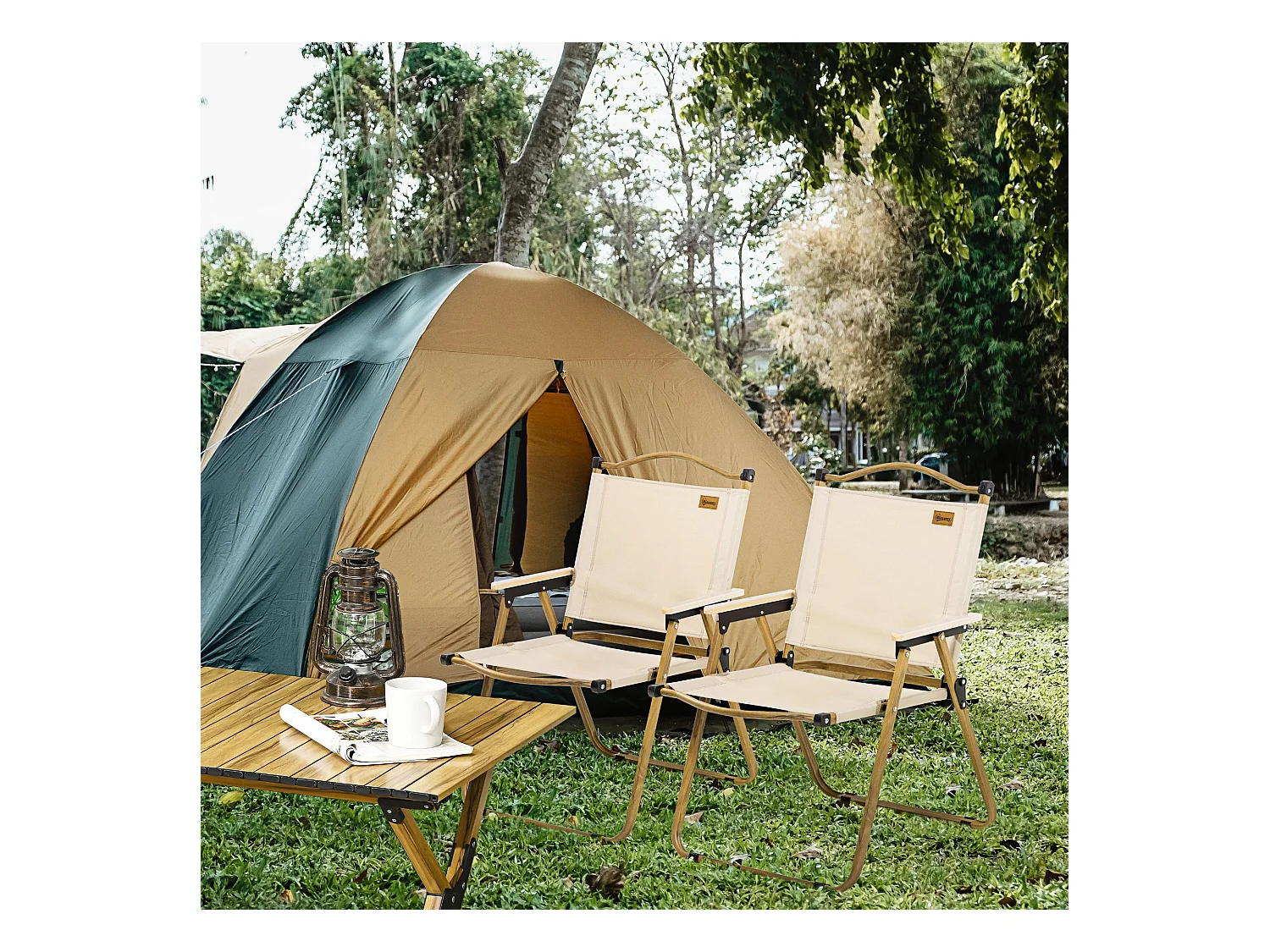 Lot de 2 chaises de plage camping pliantes - poignée - structure acier aspect bois oxford beige
