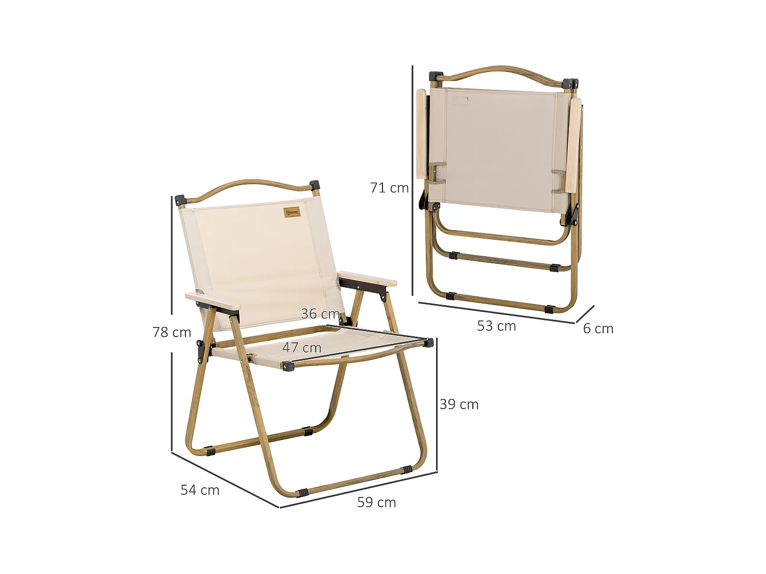 Lot de 2 chaises de plage camping pliantes - poignée - structure acier aspect bois oxford beige