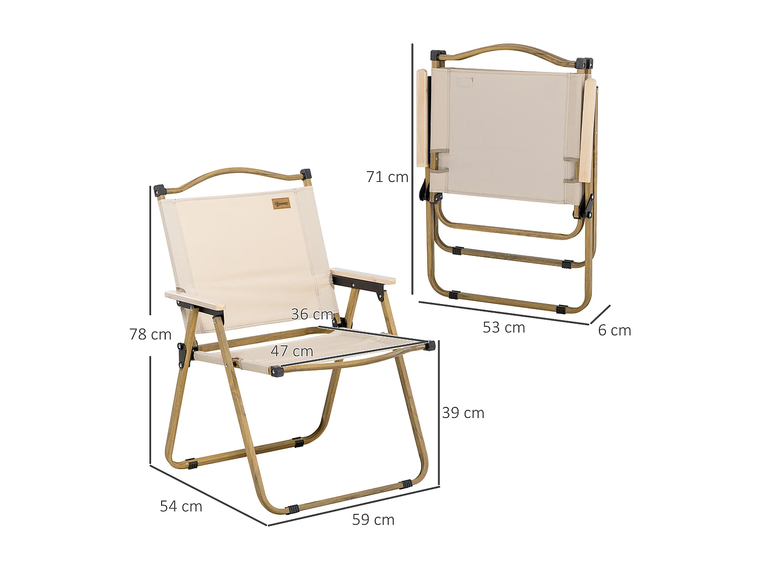 Lot de 2 chaises de plage camping pliantes - poignée - structure acier aspect bois oxford beige