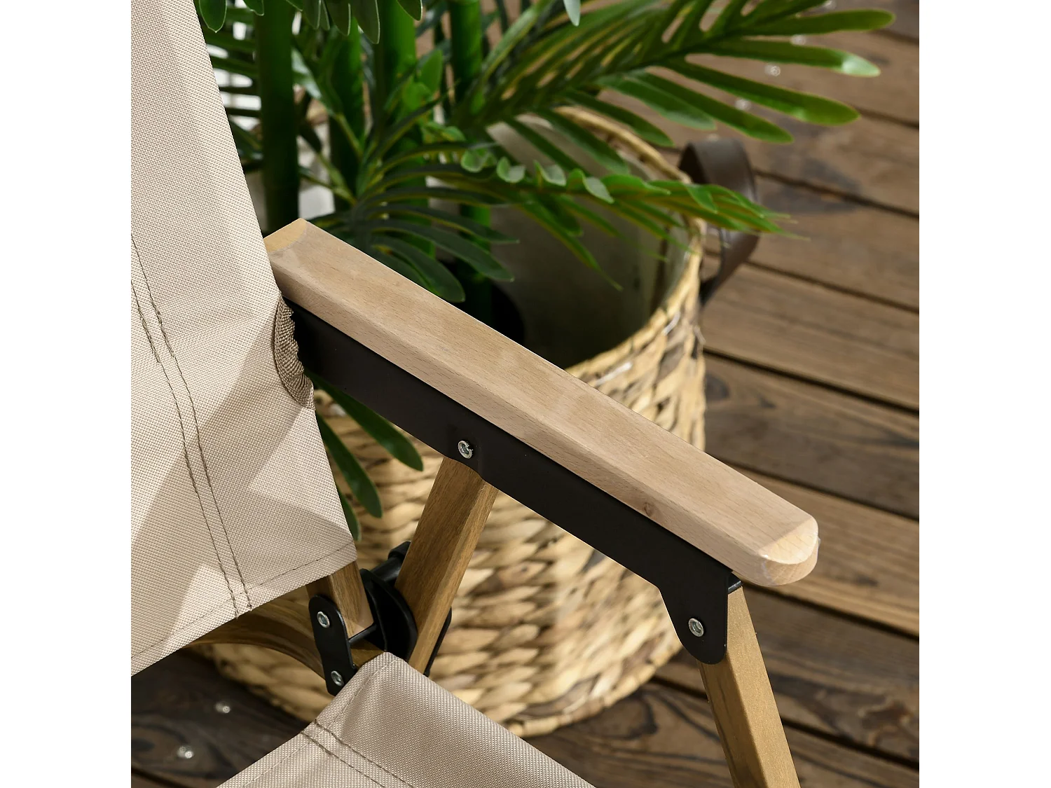 Lot de 2 chaises de plage camping pliantes - poignée - structure acier aspect bois oxford beige