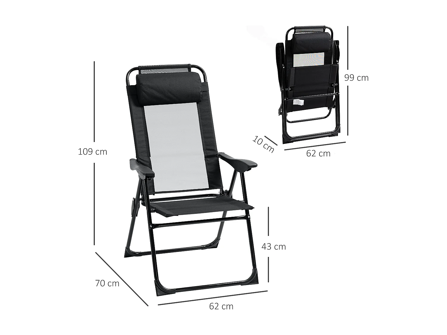 Lot de 2 chaises de jardin camping pliables - dossier inclinable 5 positions - tétière incluse - acier époxy oxford textilène noir