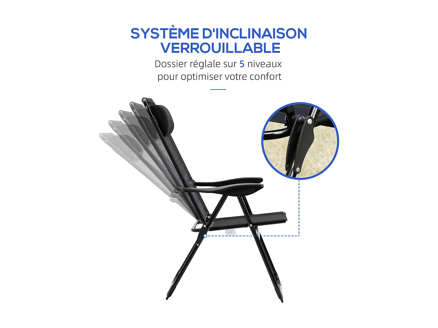 Lot de 2 chaises de jardin camping pliables - dossier inclinable 5 positions - tétière incluse - acier époxy oxford textilène noir