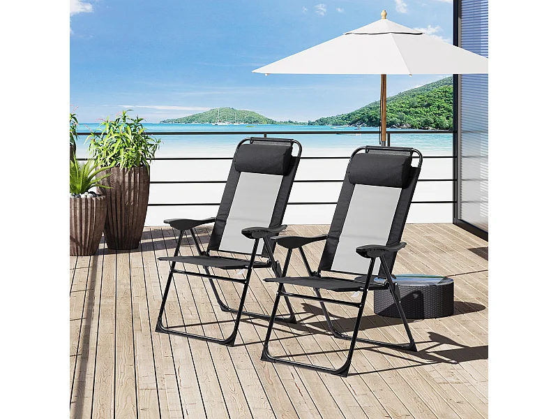 Lot de 2 chaises de jardin camping pliables - dossier inclinable 5 positions - tétière incluse - acier époxy oxford textilène noir