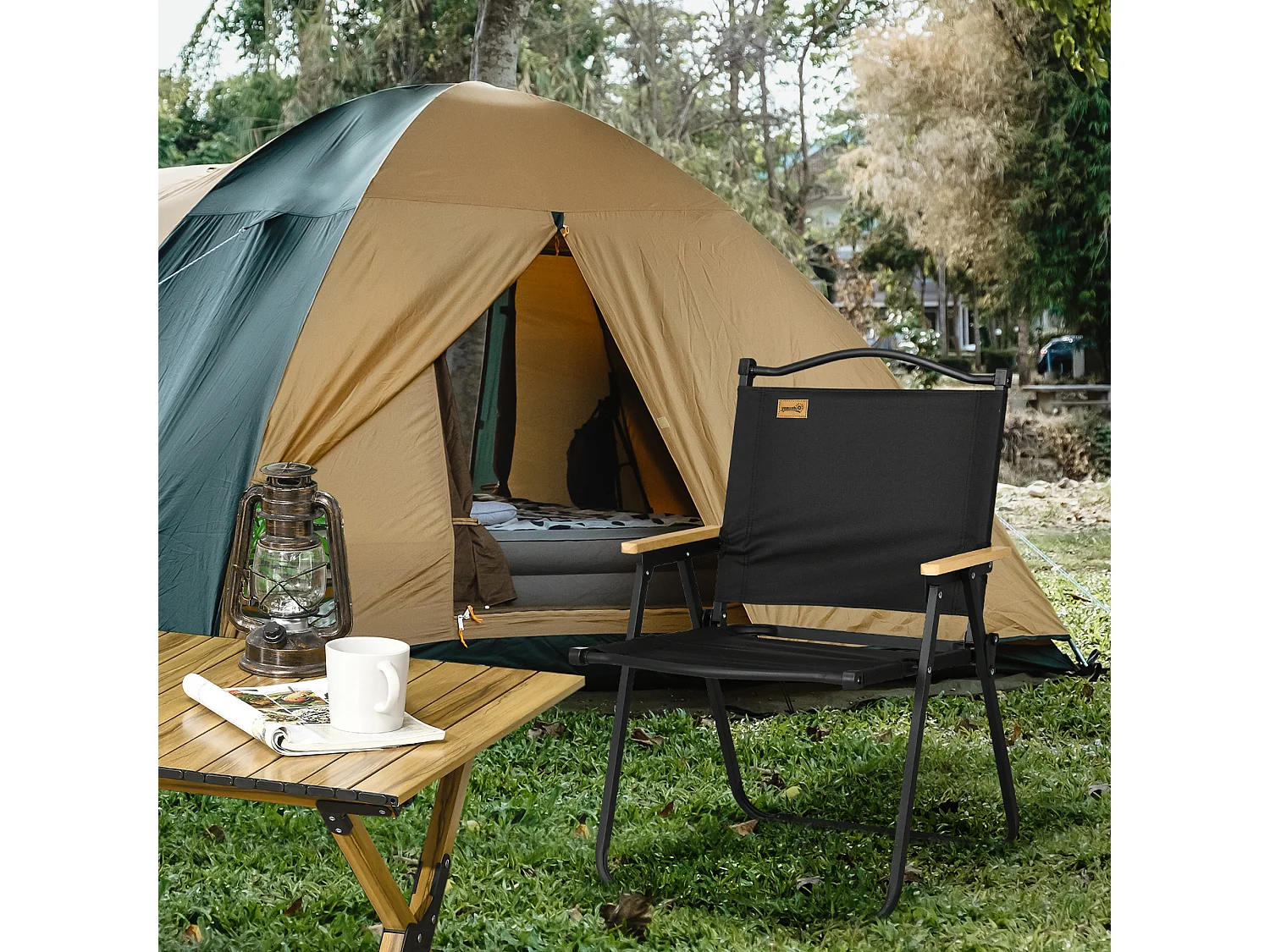 Chaise de plage camping pliante - poignée - structure acier oxford noir