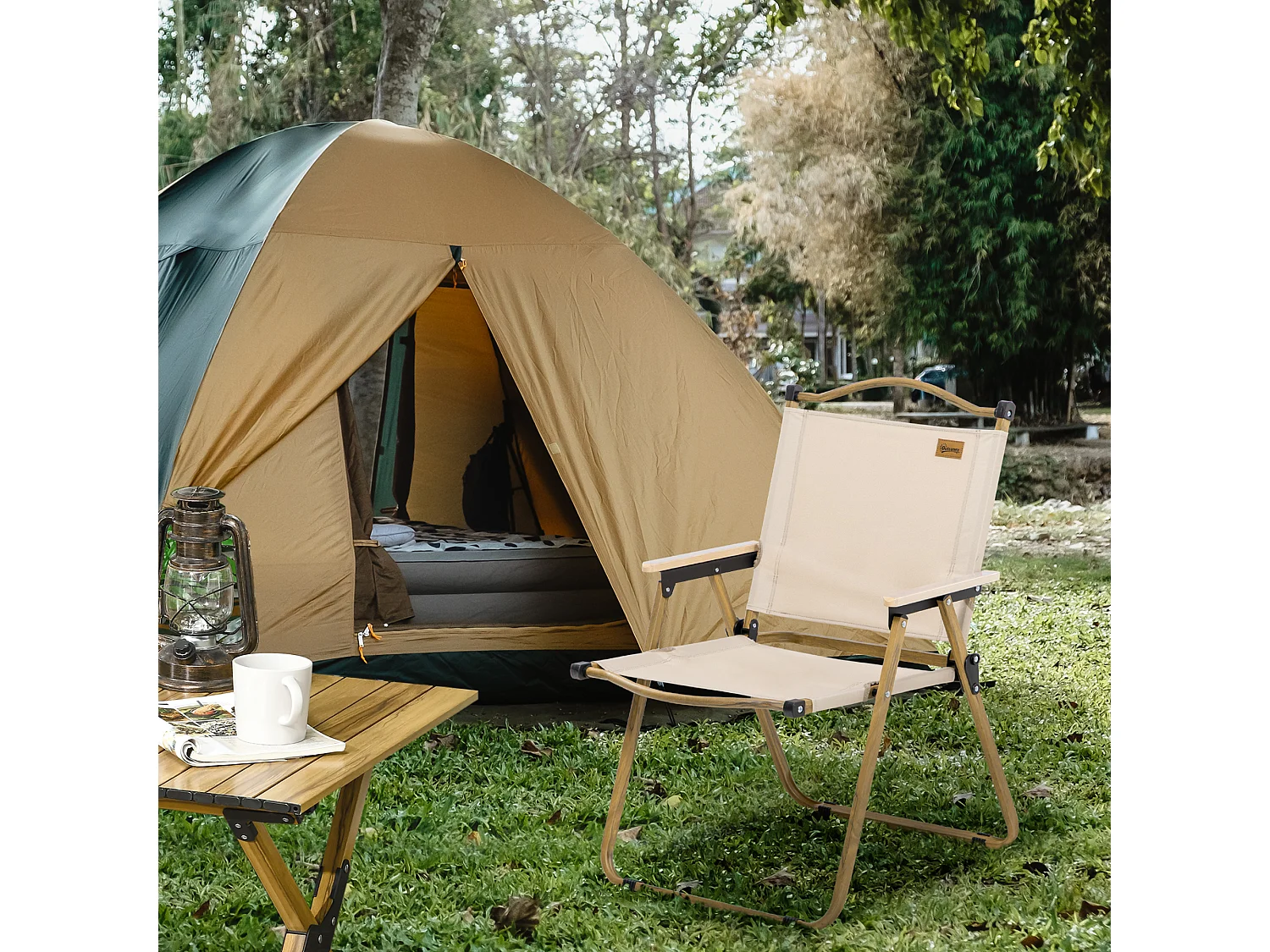 Chaise de plage camping pliante - poignée - structure acier aspect bois oxford beige