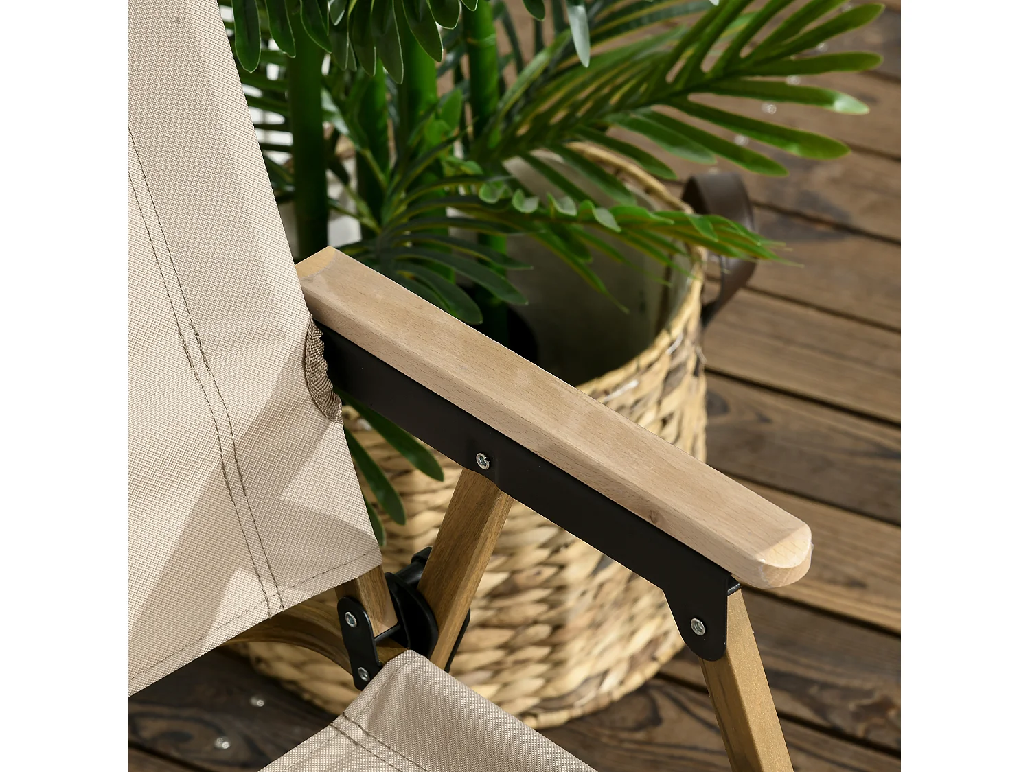 Chaise de plage camping pliante - poignée - structure acier aspect bois oxford beige