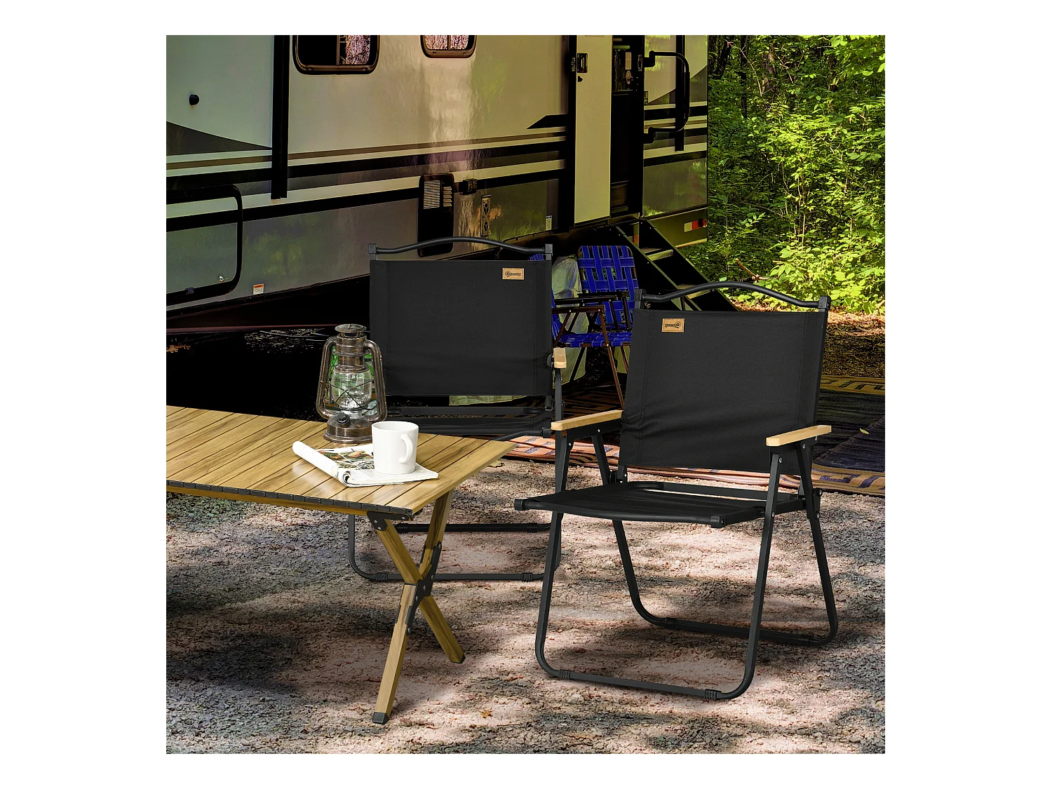 Lot de 2 chaises de plage camping pliantes - poignée - structure acier aspect bois oxford noir