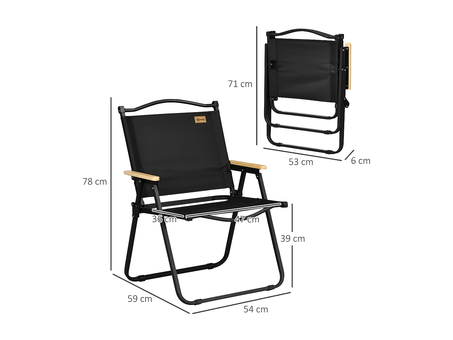 Lot de 2 chaises de plage camping pliantes - poignée - structure acier aspect bois oxford noir